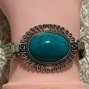 Southwestern‎ Faux Turquoise Cuff Bracelet Silver Plated Blue Oval Women's